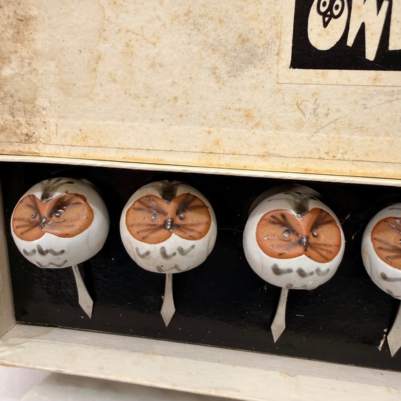 Vintage '72 Fitz & Floyd Owl Corn Holders 4 Pair Japan Pottery whimsical‎ w/ box - Picture 5 of 16